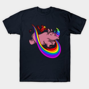 Rhino Unicorn And Funny Parrot Fantasy Rainbow Cartoon T-Shirt